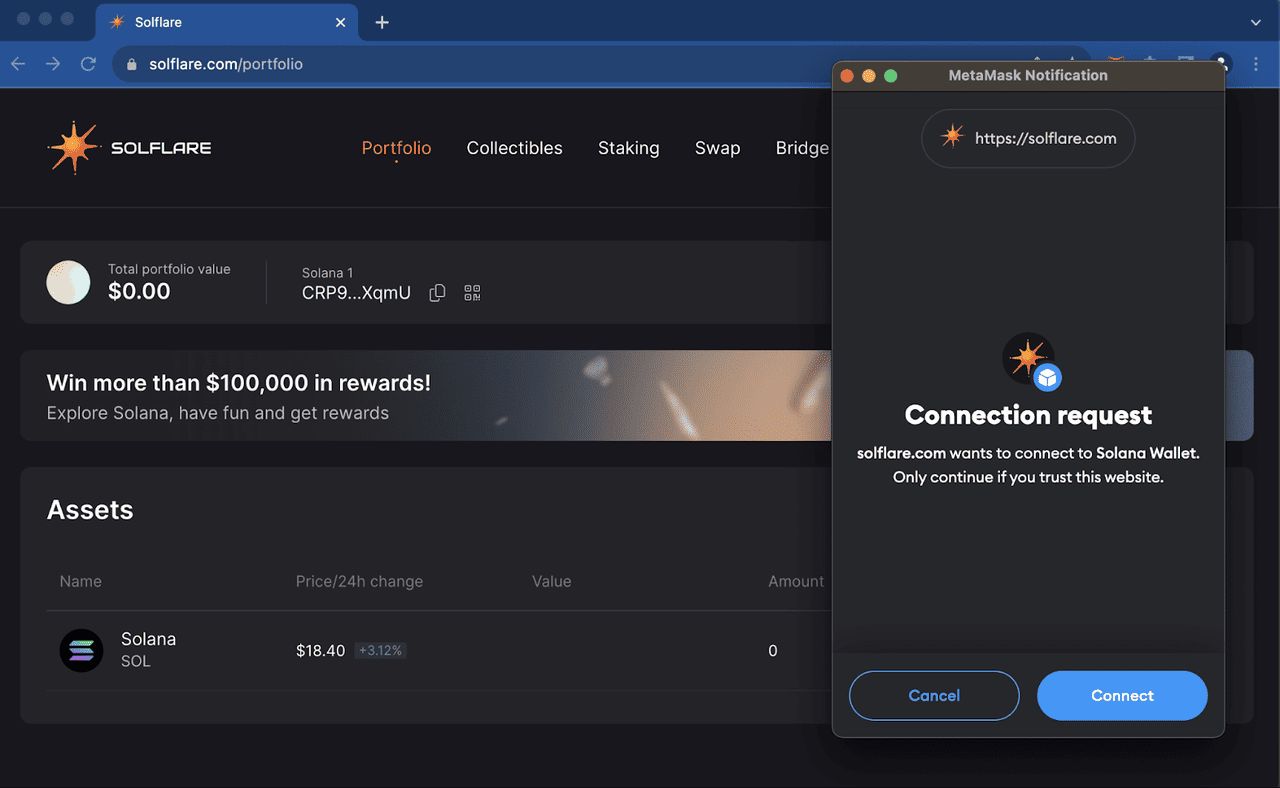 步骤 9：将 Solana 钱包连接到 Solflare