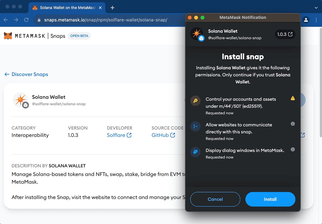 步骤 5：授权 Solflare Snap 将 MetaMask 连接到 Solana
